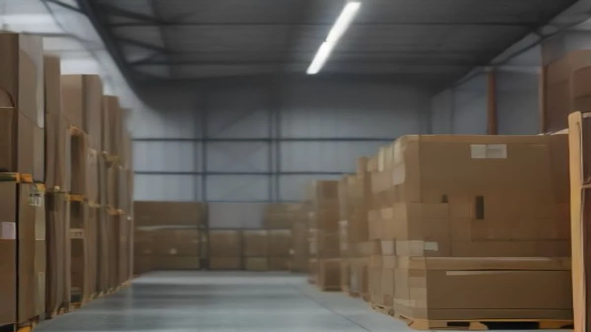 over-the-shoulder view of a modern warehouse aisle with neatly stacked cartons and a clipboard on a pallet, overcast diffused light — illustrative photograph for this article